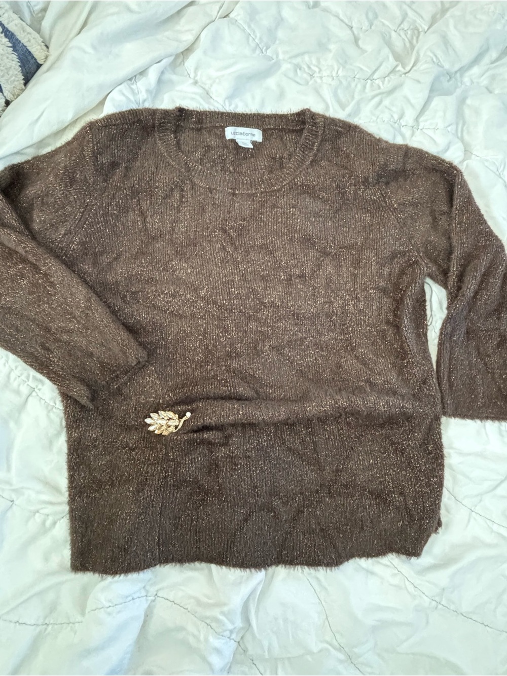 Liz Claiborne Womens XXL Brown Gold Metallic Eyelash Knit Sweater Plush